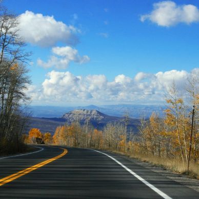 Scenic mountain road with autumn trees.
