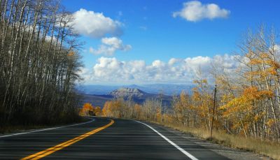 Curving road through autumn trees under blue sky.