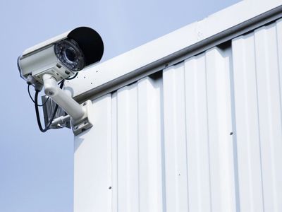 Security camera mounted on a building exterior against a clear sky.