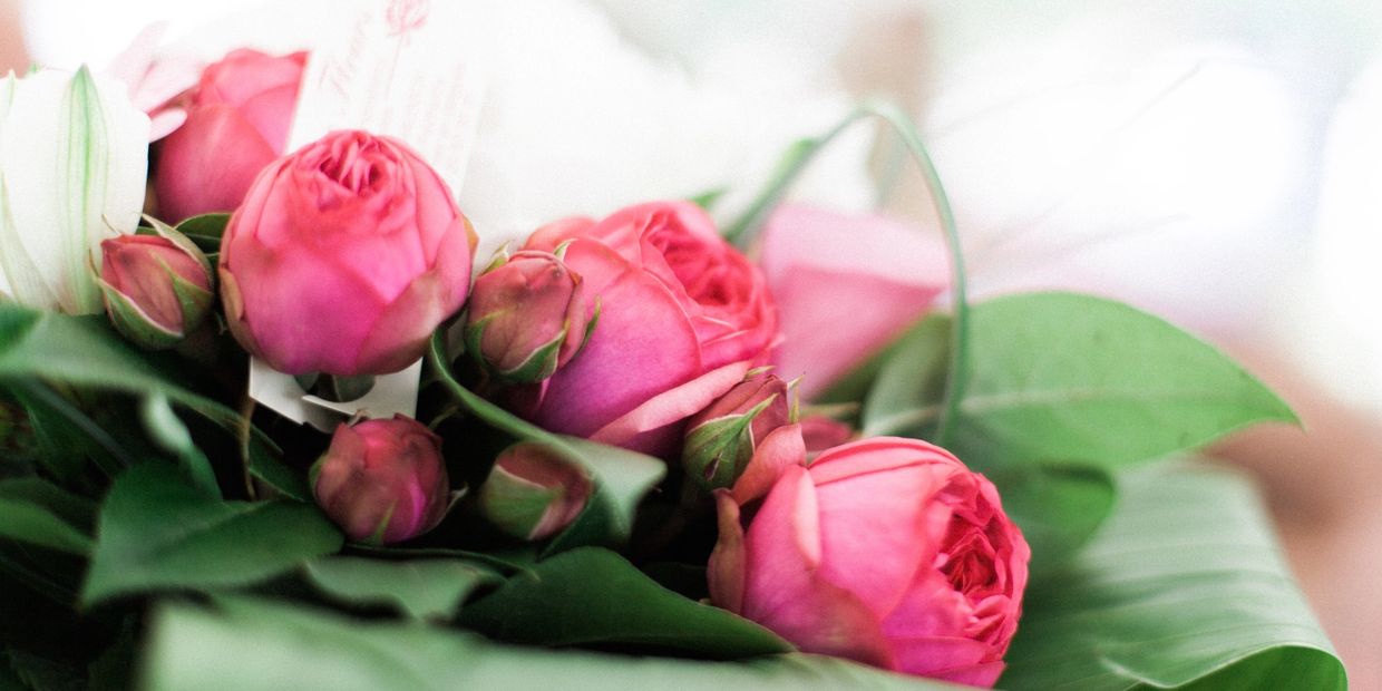 Close-up of vibrant pink roses with green leaves in a bouquet.