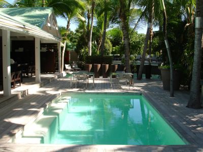 A serene backyard pool surrounded by palm trees and outdoor seating.
