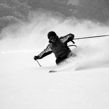 Skier carving through fresh powder on a snowy slope.