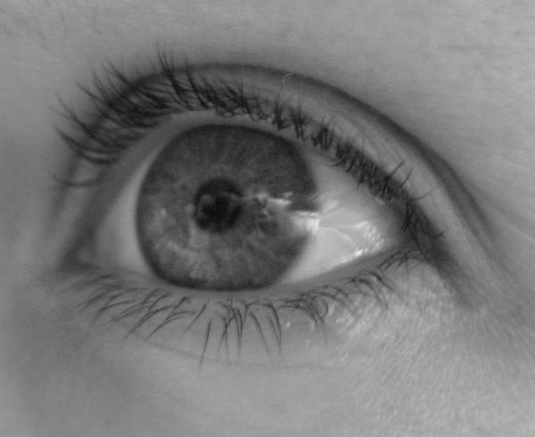 Close-up black and white image of a human eye with detailed eyelashes.