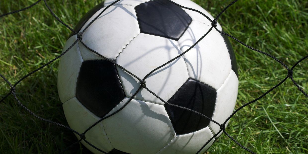 A soccer ball caught in the net on green grass.