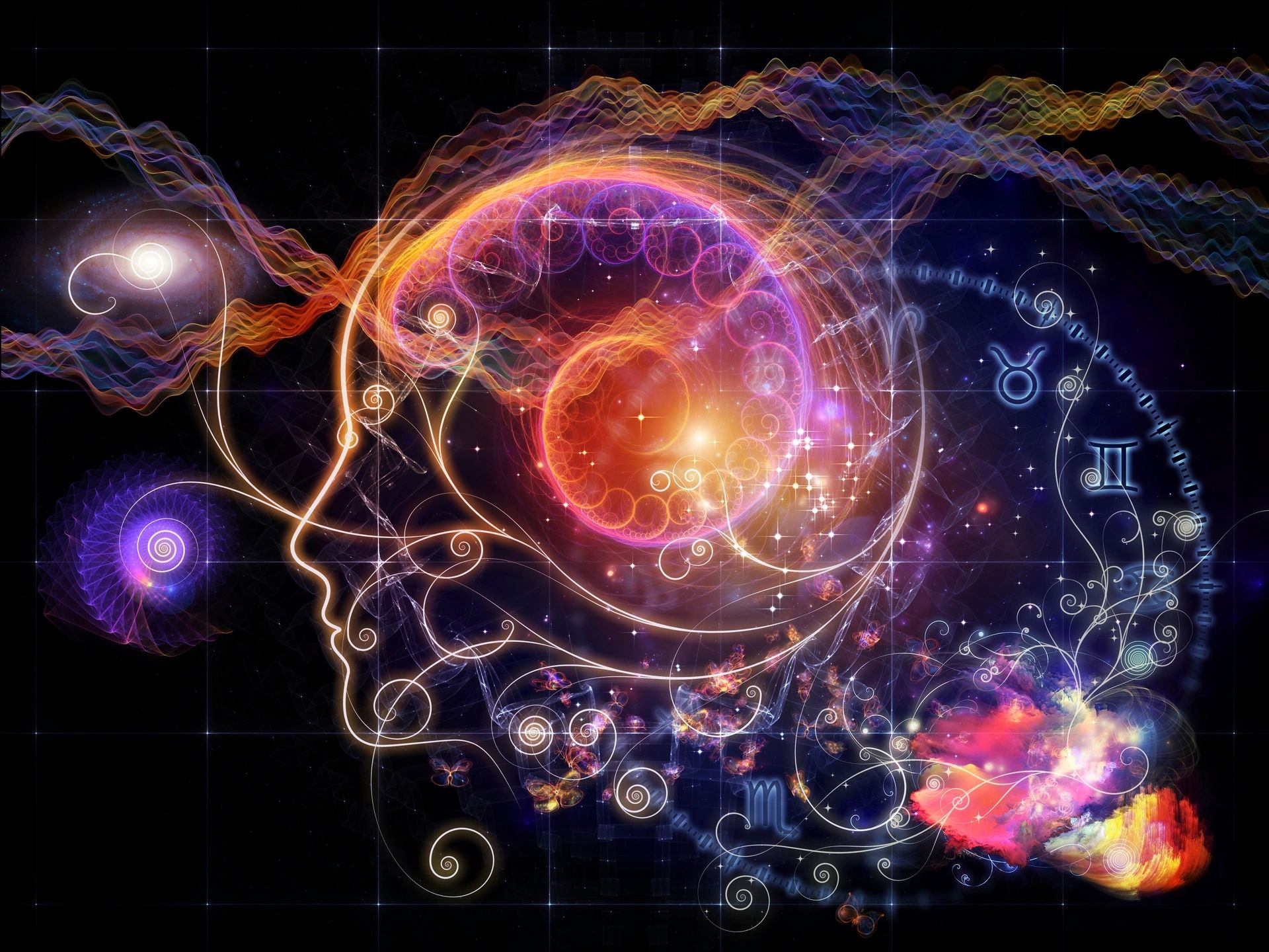 Head, mind and brain showing the energy and neurons by light, zodiac signs and the universe