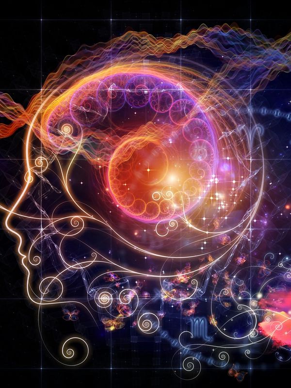 Abstract cosmic profile with swirling light patterns and glowing spirals.