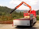 A red crane truck parked on a road with hills in the background.