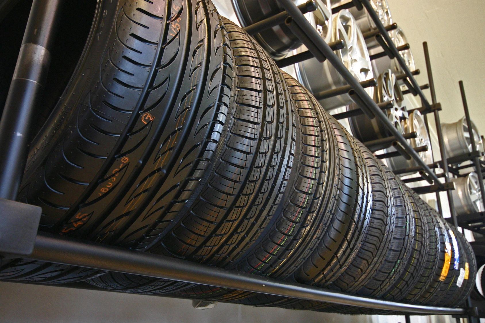 tires on a metal rack