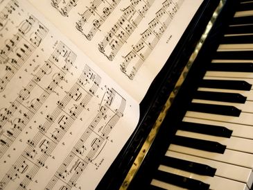 Sheet music placed on a piano keyboard ready for playing.