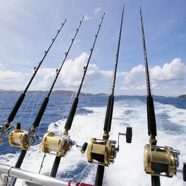 fishing poles hanging off the back of a charter boat
