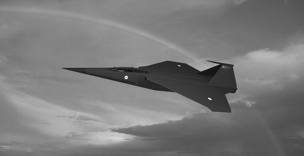 Black and white image of a stealth fighter jet flying under a cloudy sky with a rainbow.