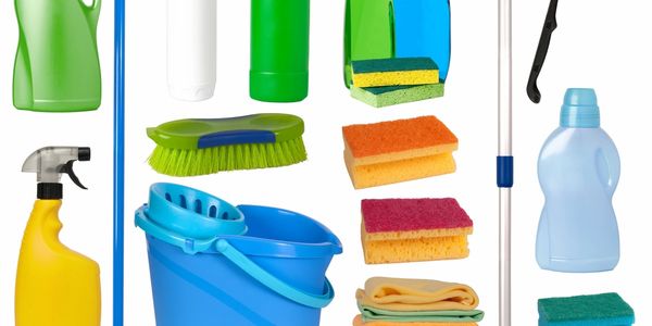 Cleaning bottles, sponges, mop bucket.