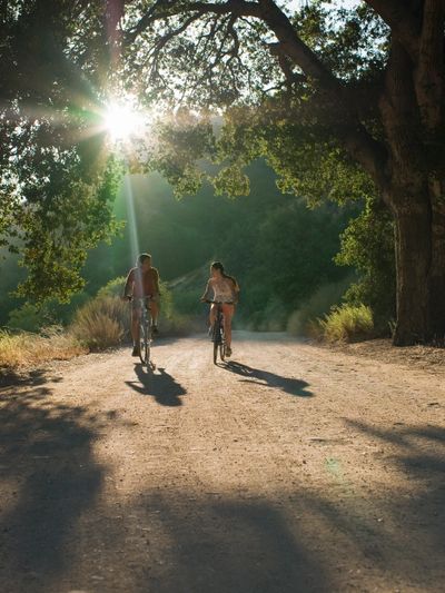 2 people biking towards the sun in a forested wilderness