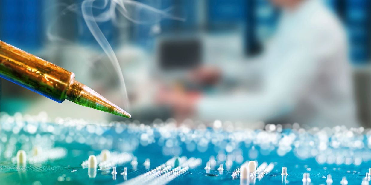 A soldering iron tip emitting smoke over a circuit board.