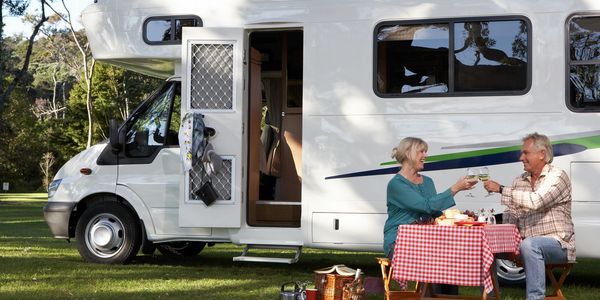 Couple toasting with drinks beside their camper van in a park.