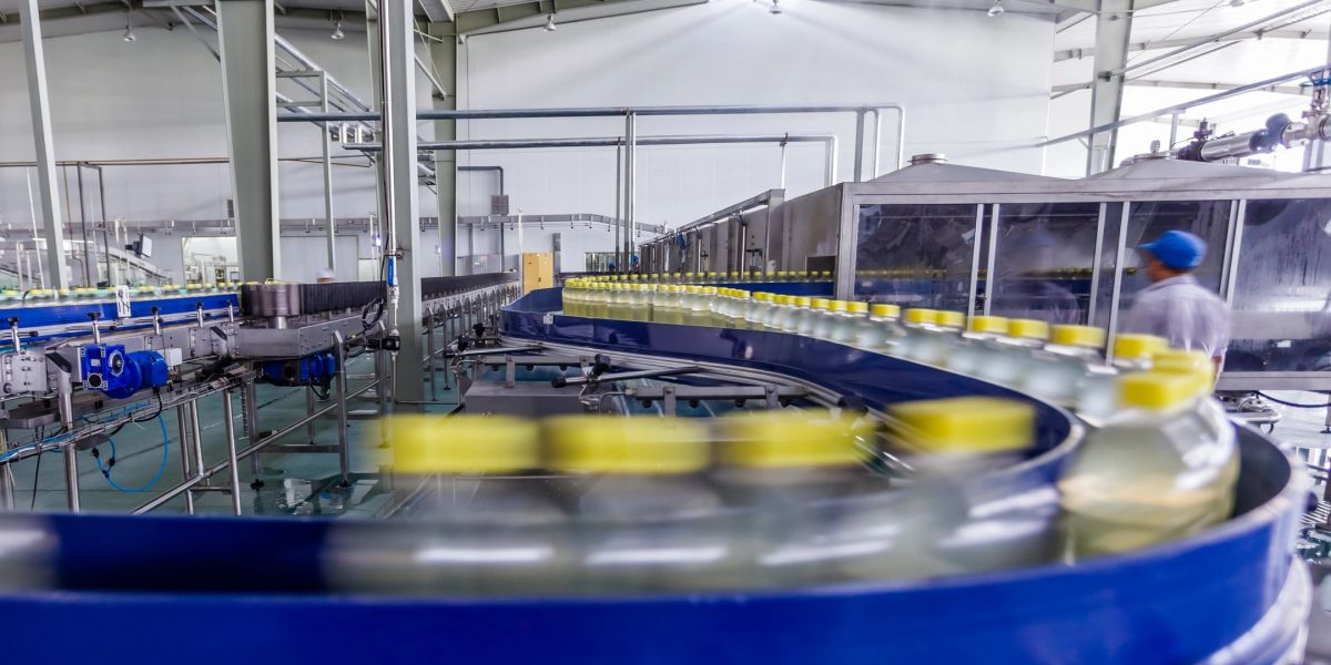 High speed beverage bottle conveyor.