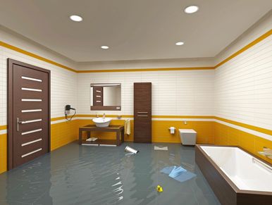 Modern bathroom flooded with water and a rubber duck floating.
