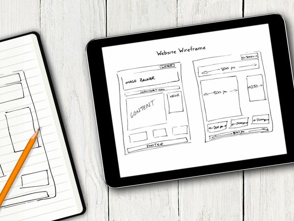 Rough drawings of a website wireframe and proposed layout for a website design project.