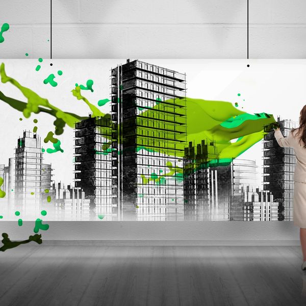 sky scraper, overhead presentation, green screen, rendering, abstract art, broadcast, revitalization