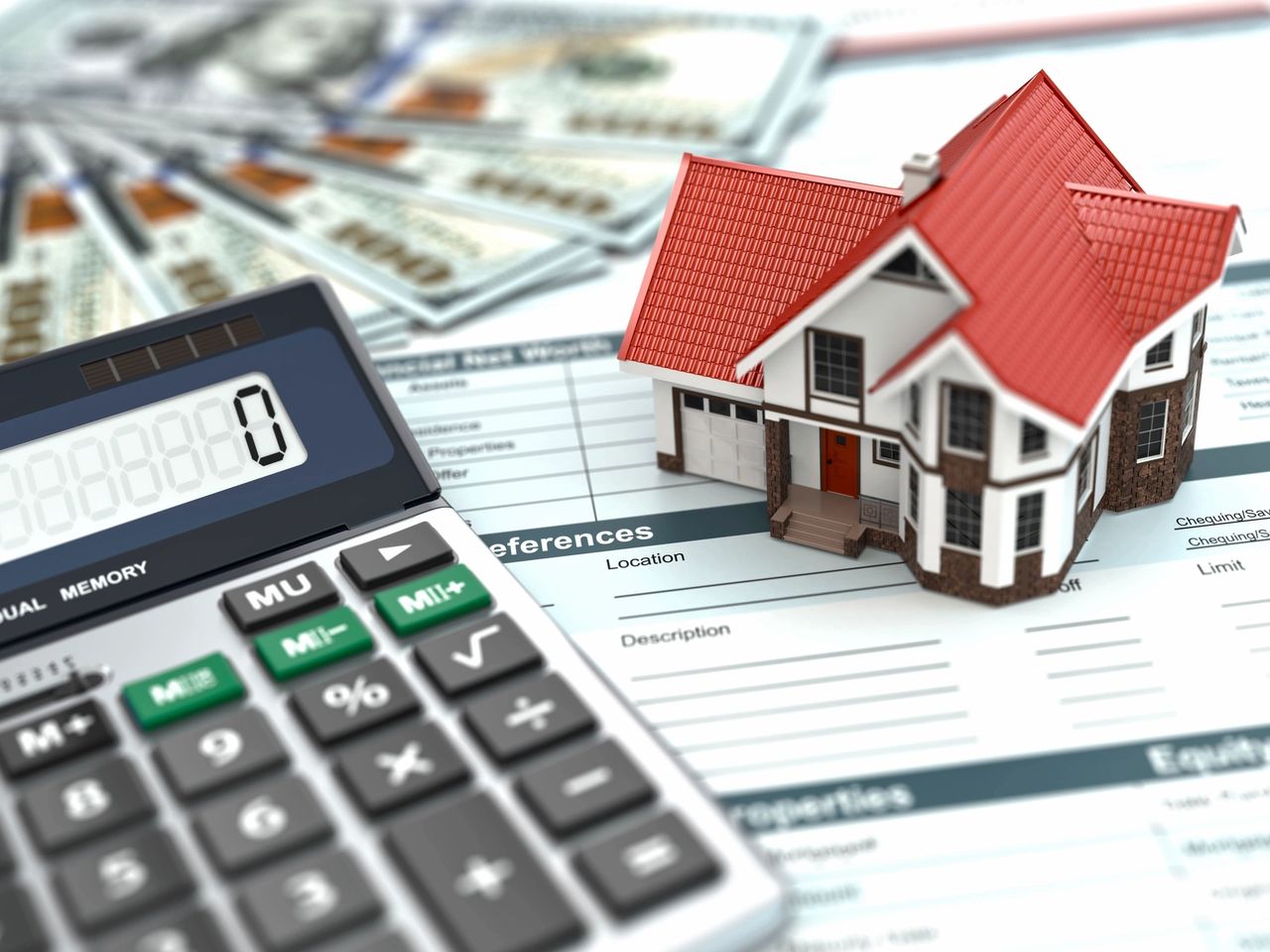 Five hundred dollar bills, a calculator and a house figurine sit on top of a home report.