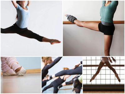 Collage of ballet dancers performing various poses and stretches.