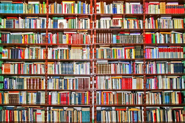 A large bookshelf filled with numerous colorful books.