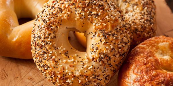 Assortment plain, everything, and asiago bagels.