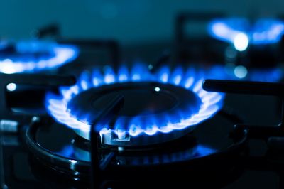 Blue flames burning on a gas stove burner.
