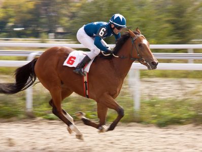 Caballo corriendo carrera con jinete en camisa color azul
