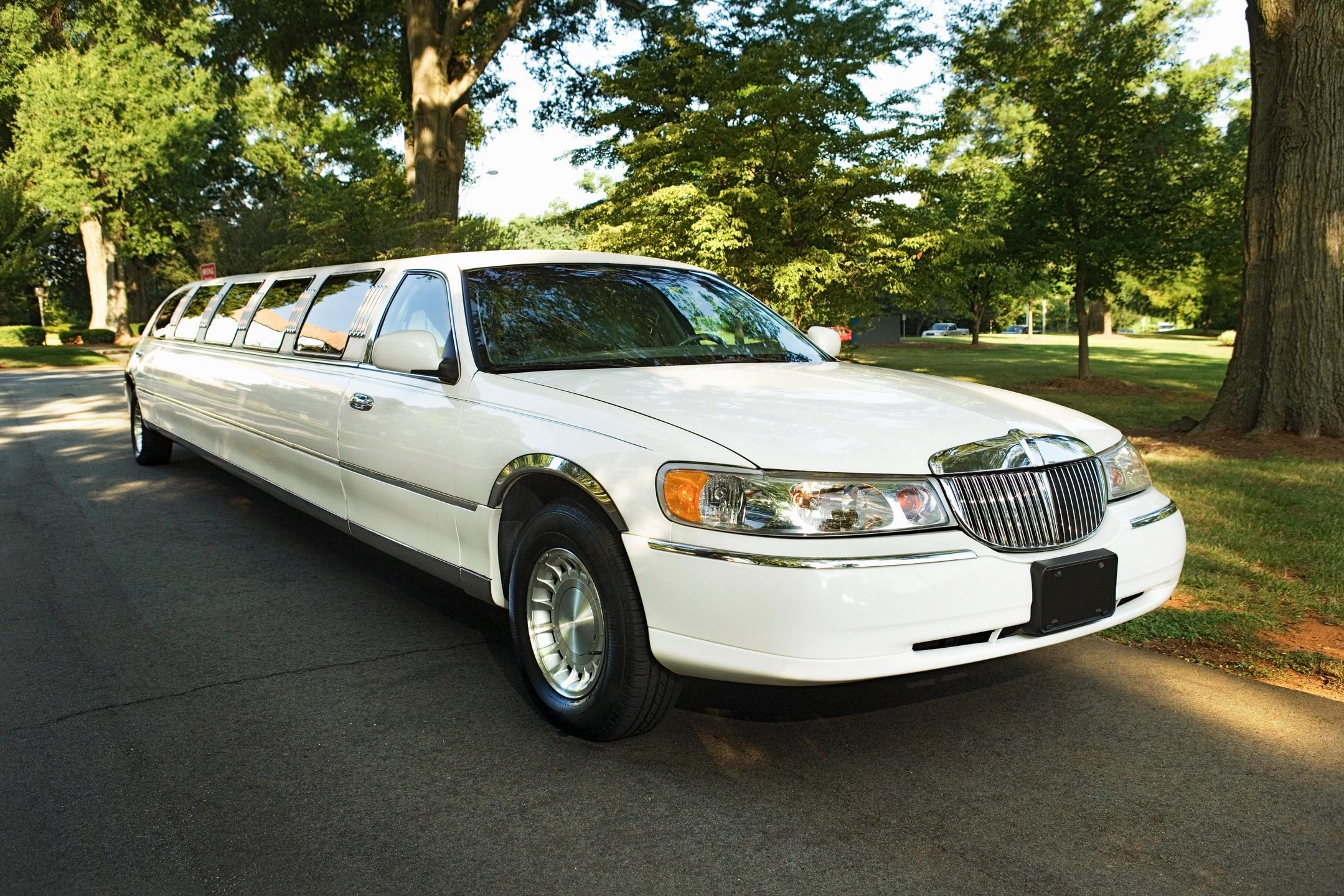A white limousine is parked on the side of the road.