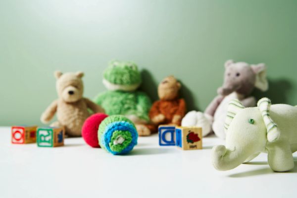 Plush toys and alphabet blocks on a surface.