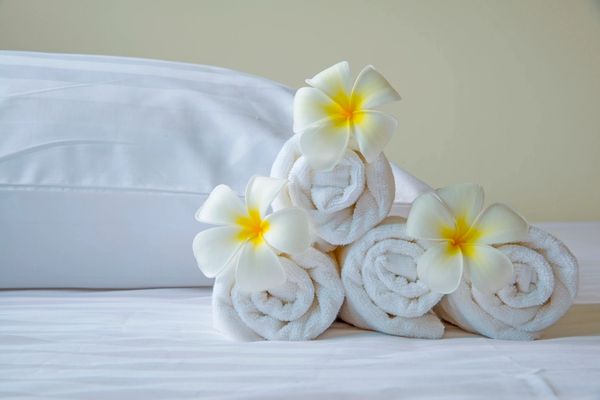 Rolled white towels with yellow-centered white flowers on a bed.