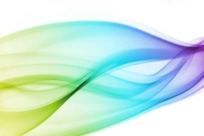 Colorful flowing abstract waves in green, blue, and purple hues on a white background.
