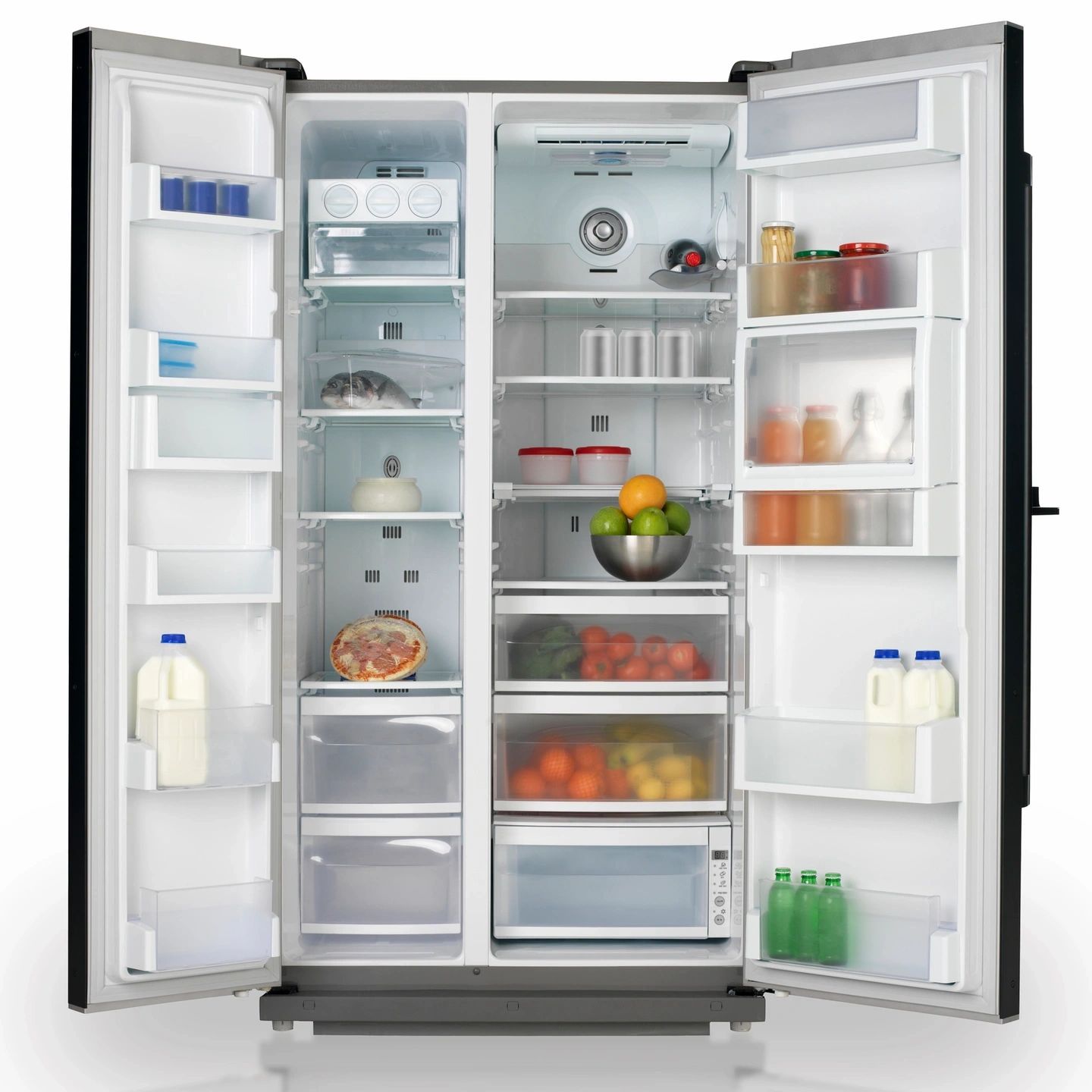 Open double-door refrigerator with various food items and beverages inside.