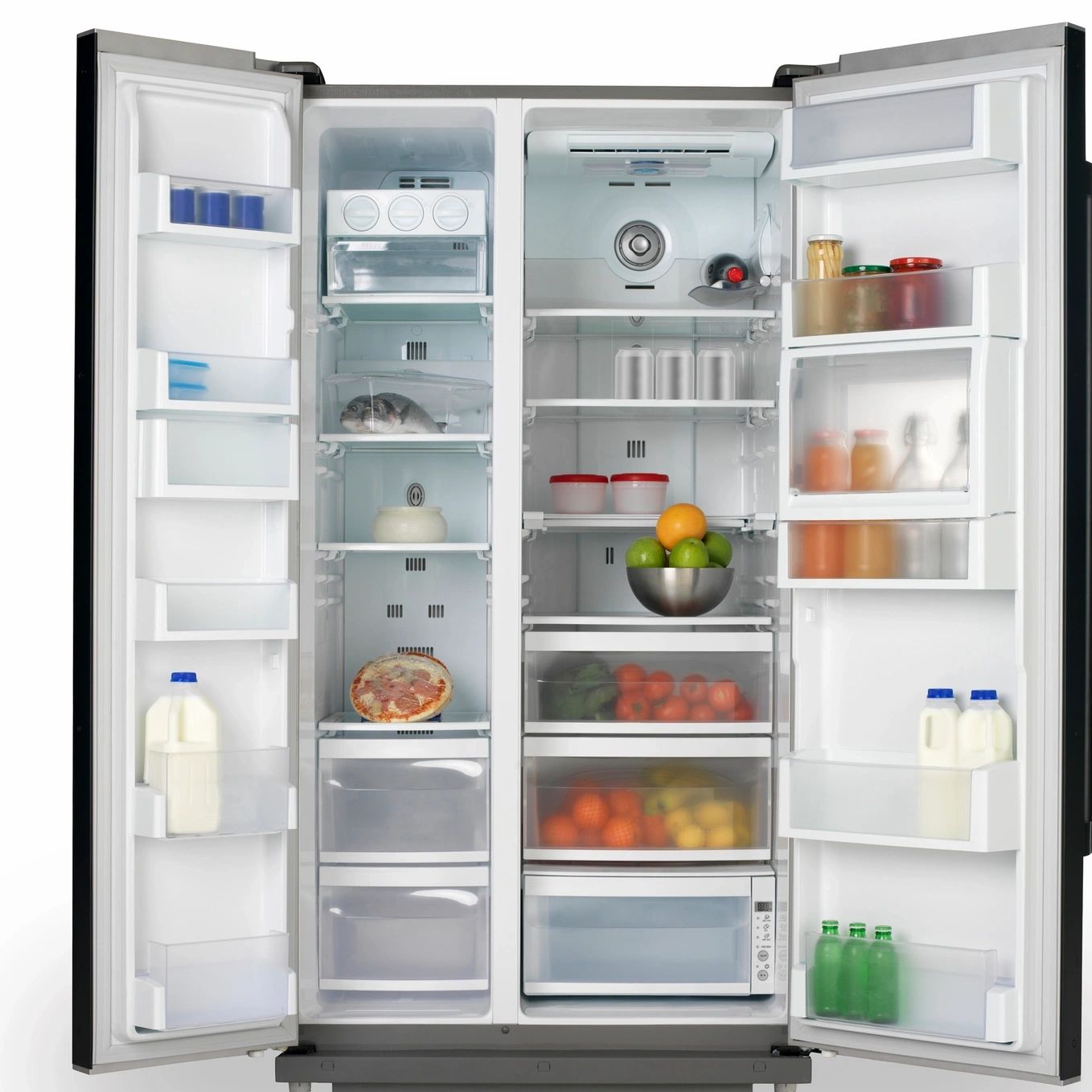 Open refrigerator with organized food and drinks inside.