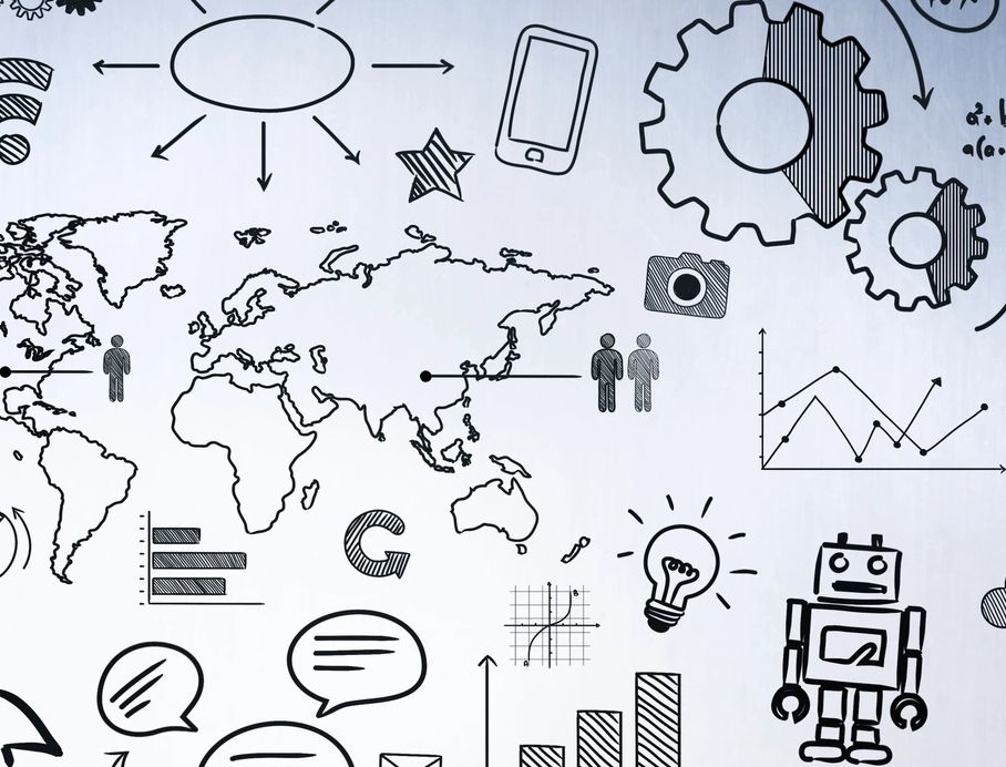 Hand-drawn technology and data icons on a world map background.
