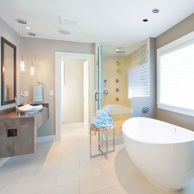 Luxurious bathroom with freestanding tub and walk-in shower