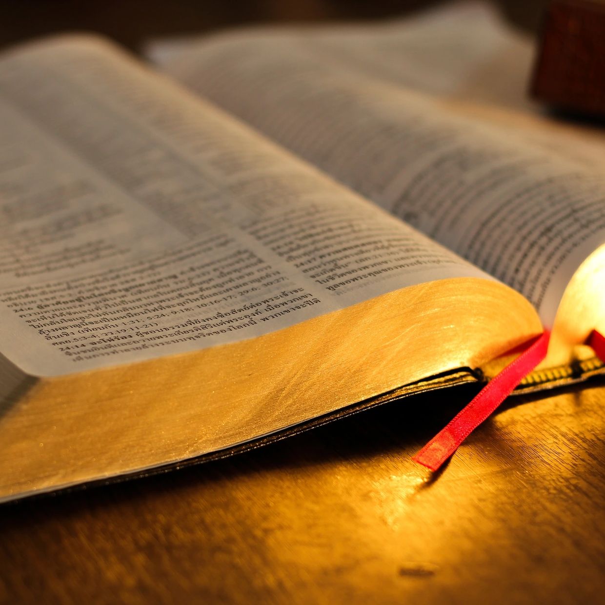 Open book with golden edges and a red ribbon bookmark.