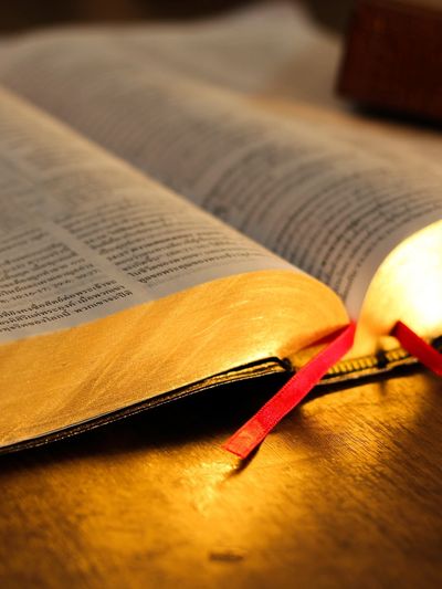 Open book with golden-edged pages and red bookmarks illuminated by warm light.