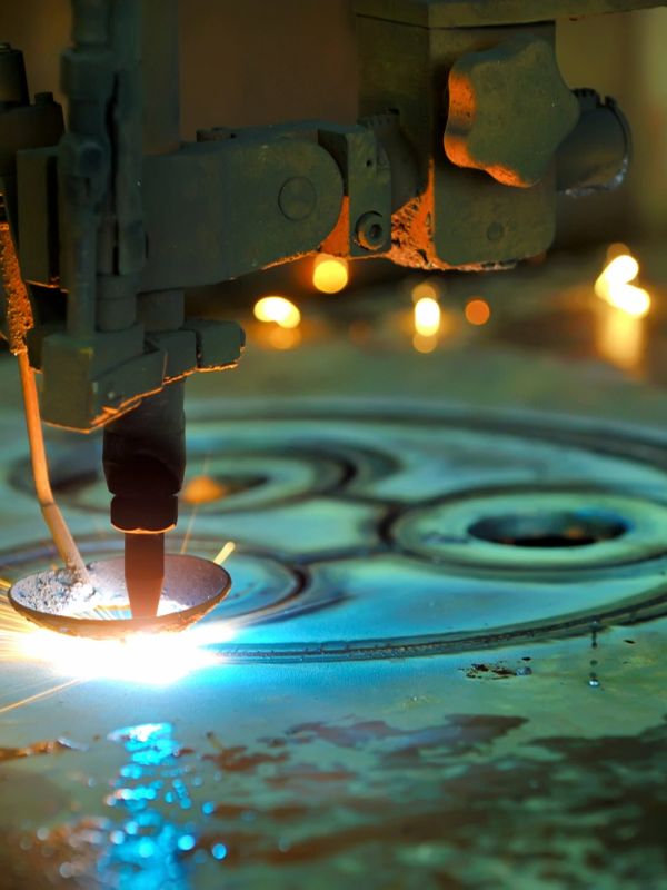 Close-up of a plasma cutter working on a metal surface with bright sparks.