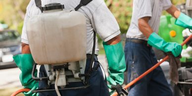 Two Pest Control Technicians. One has a spray can backpack.The other is holding a hose.