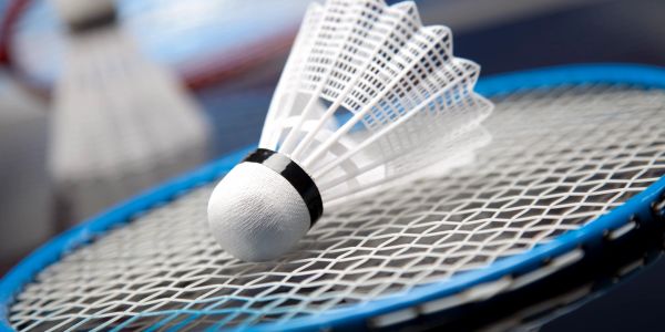 A badminton shuttlecock resting on a racket's strings.
