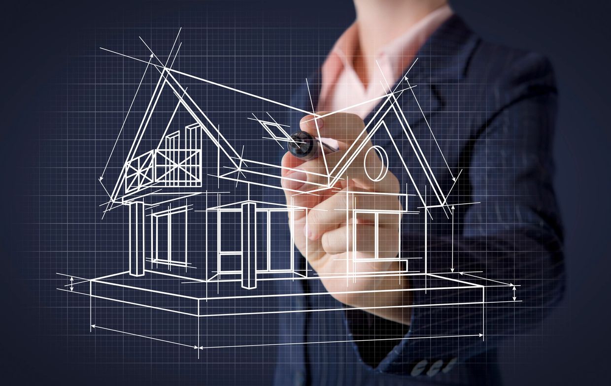 Architect drawing a house blueprint in a virtual interface.
