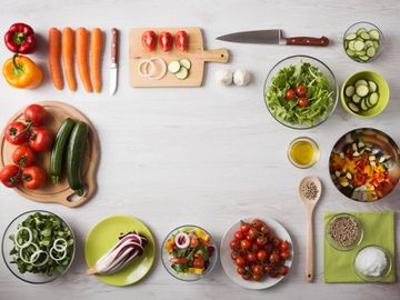 Overhead view of healthy food in a prep space