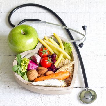 Nutritious healthy food good for immune system with a stethoscope next to it