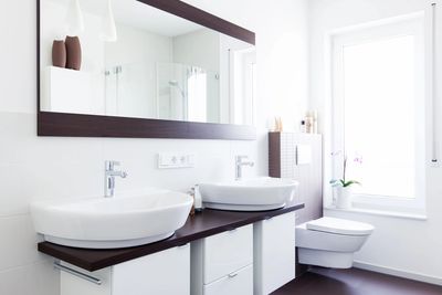 modern bathroom with  double vanity vessel sinks 