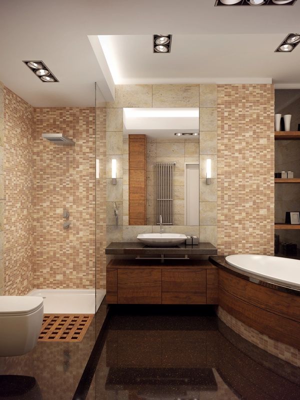Modern bathroom with mosaic tiles, wooden accents, and sleek fixtures.