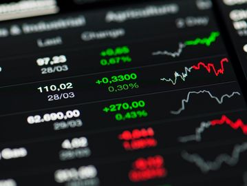 Close-up of a stock market screen showing green and red numbers with charts.