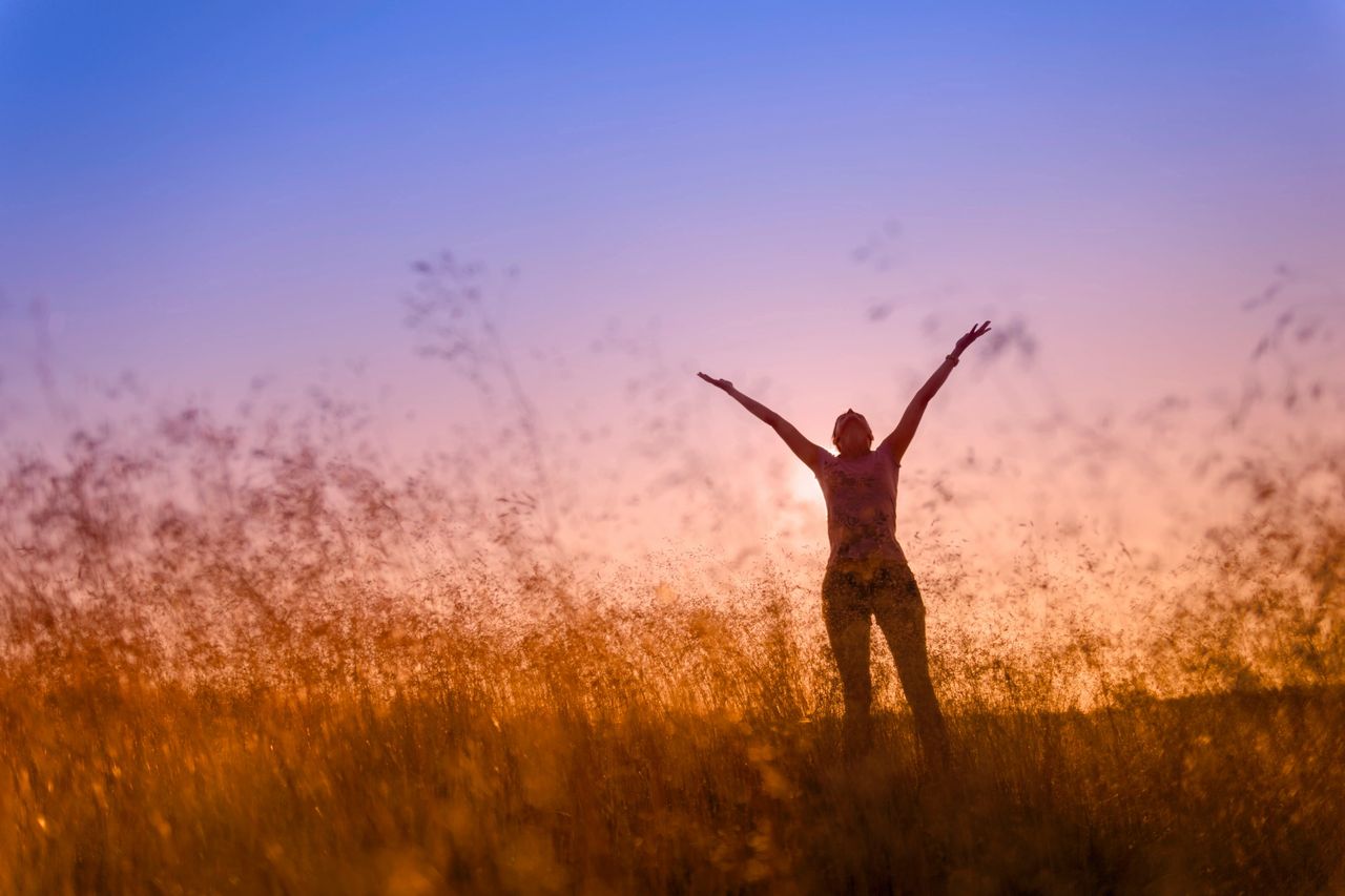 Person with raised arms in a field at sunrise or sunset