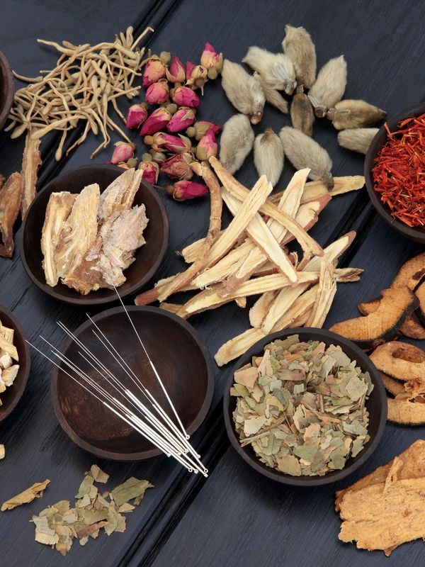 various dried Chinese herbs in bowls with a pile of acupuncture needles